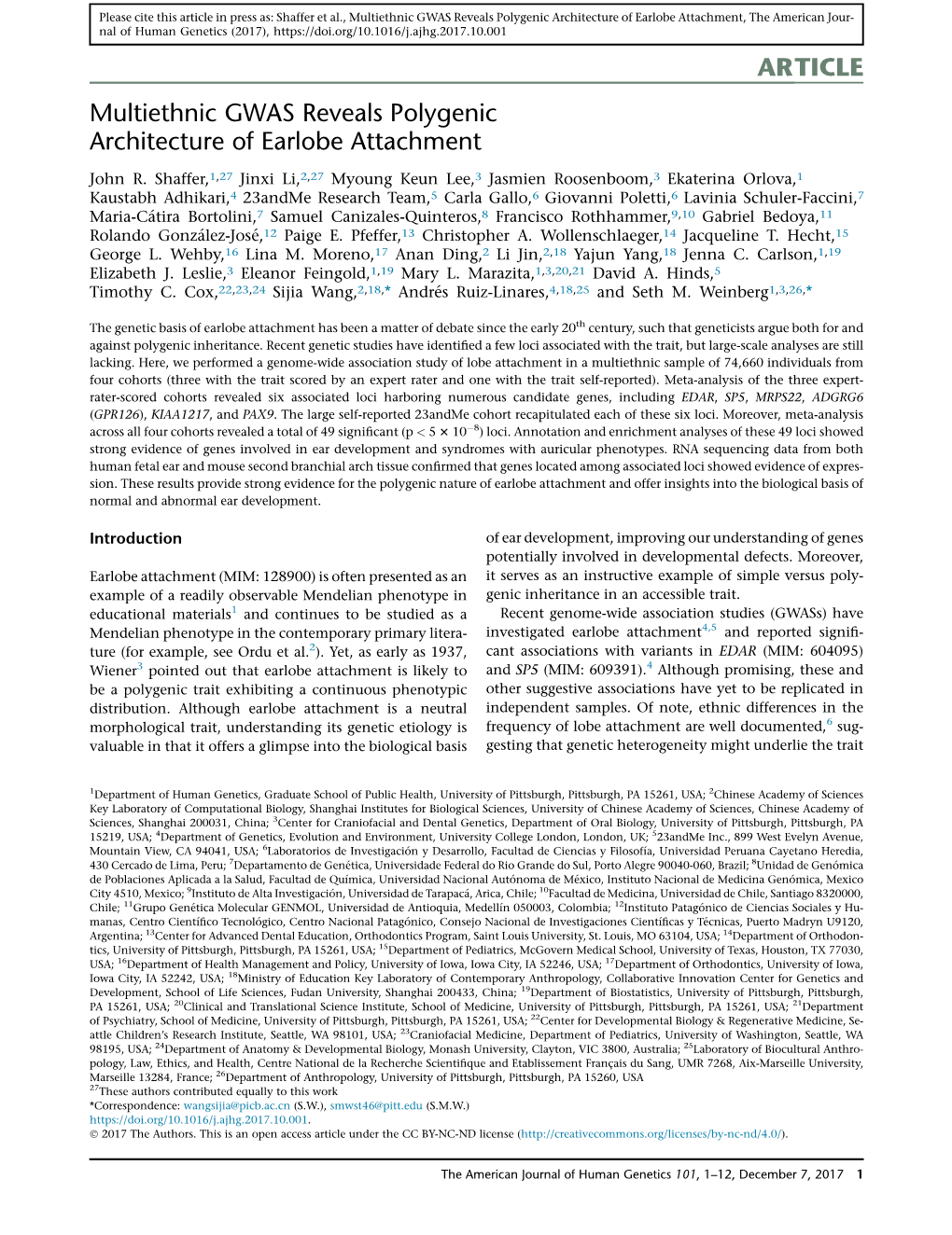 Multiethnic GWAS Reveals Polygenic Architecture of Earlobe Attachment