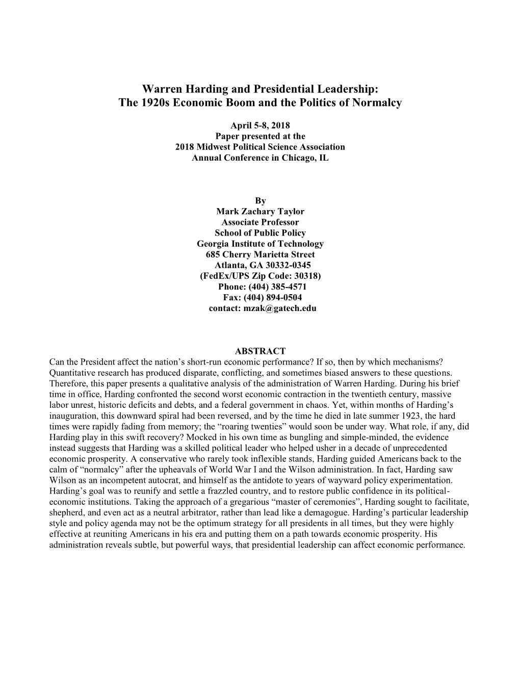 Warren Harding and Presidential Leadership: the 1920S Economic Boom and the Politics of Normalcy