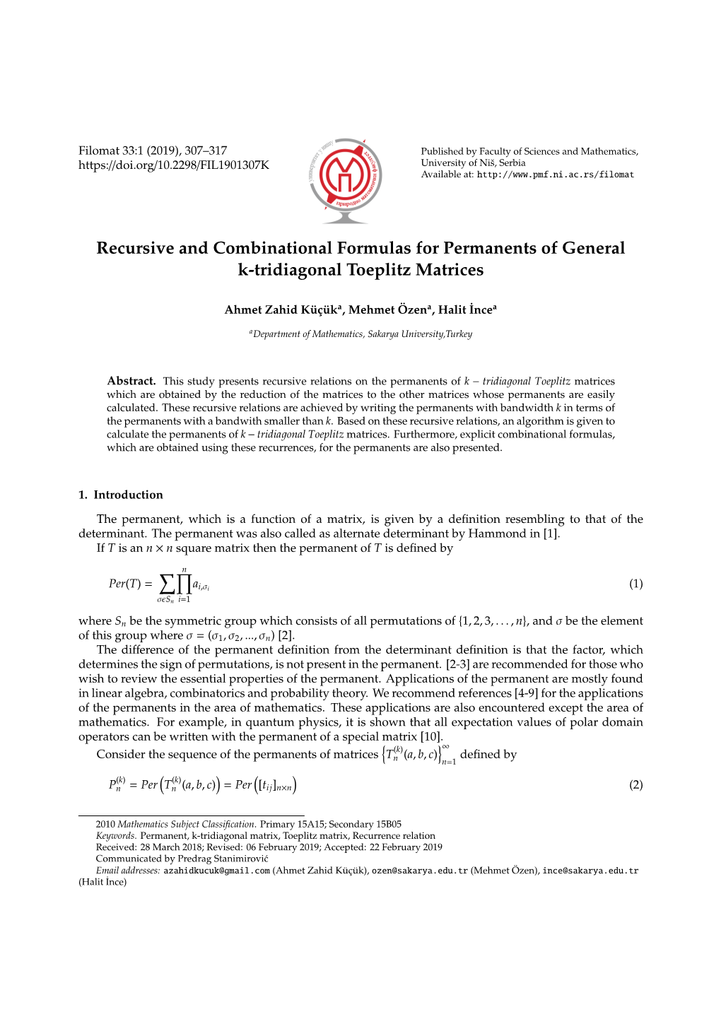 Recursive and Combinational Formulas for Permanents of General K-Tridiagonal Toeplitz Matrices