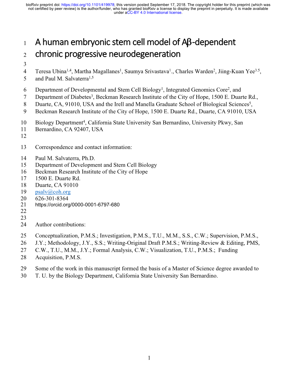 A Human Embryonic Stem Cell Model of Aβ-Dependent Chronic