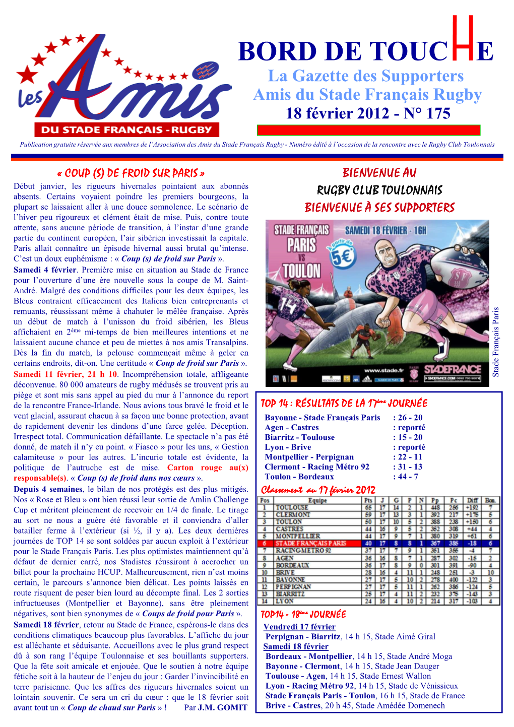 BORD DE TOUC E La Gazette Des Supporters Amis Du Stade Français Rugby 18 Février 2012 - N° 175