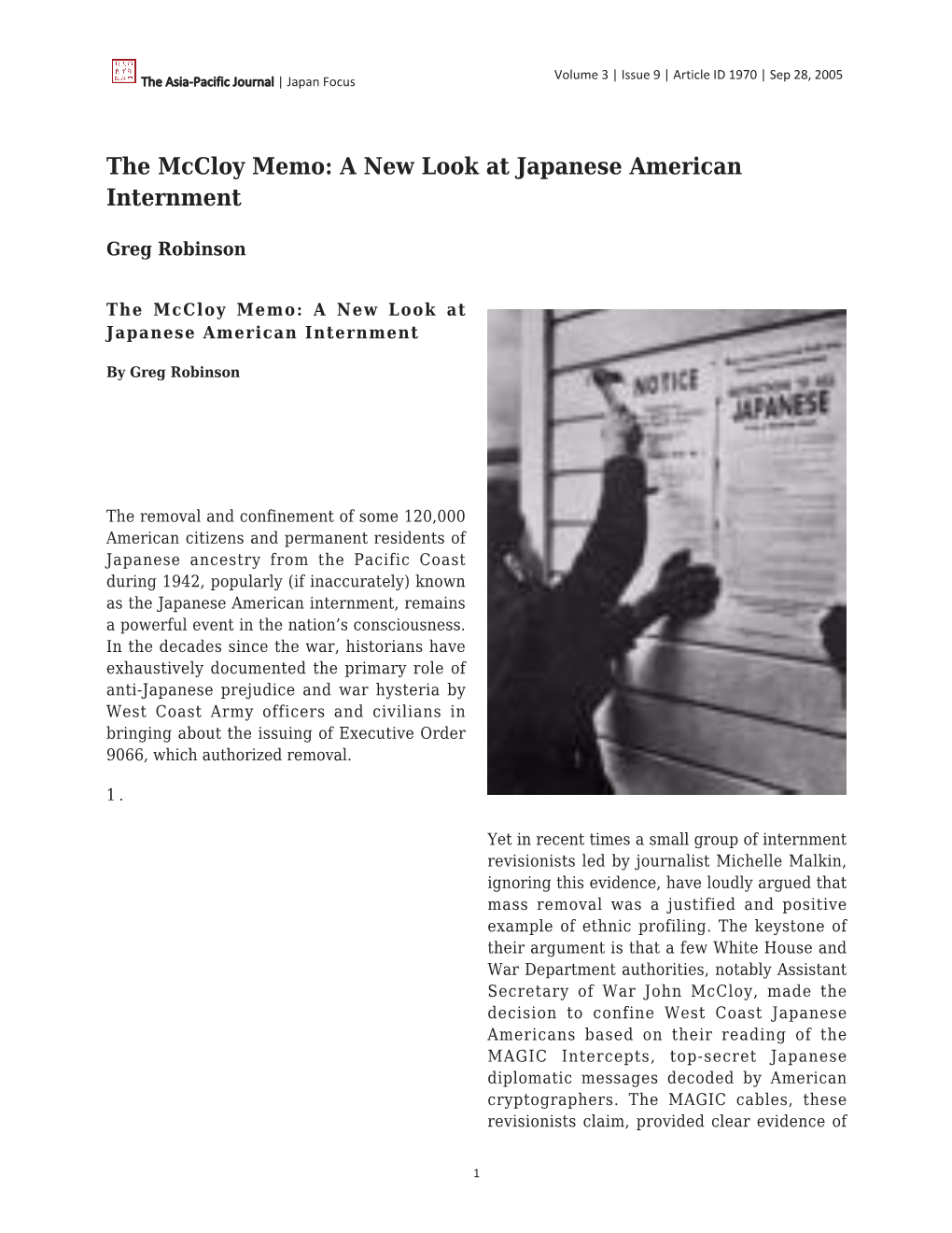 The Mccloy Memo: a New Look at Japanese American Internment