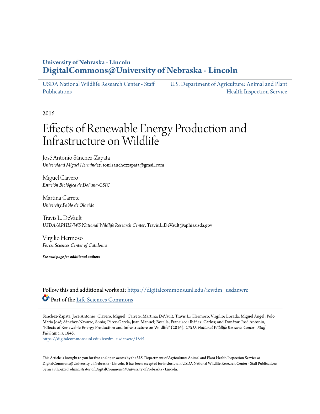 Effects of Renewable Energy Production and Infrastructure on Wildlife José Antonio Sánchez-Zapata Universidad Miguel Hernández, Toni.Sanchezzapata@Gmail.Com