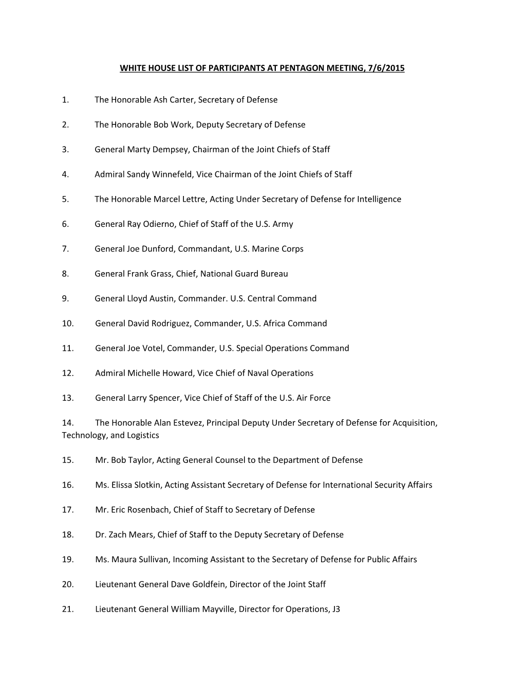 White House List of Participants at Pentagon Meeting, 7/6/2015