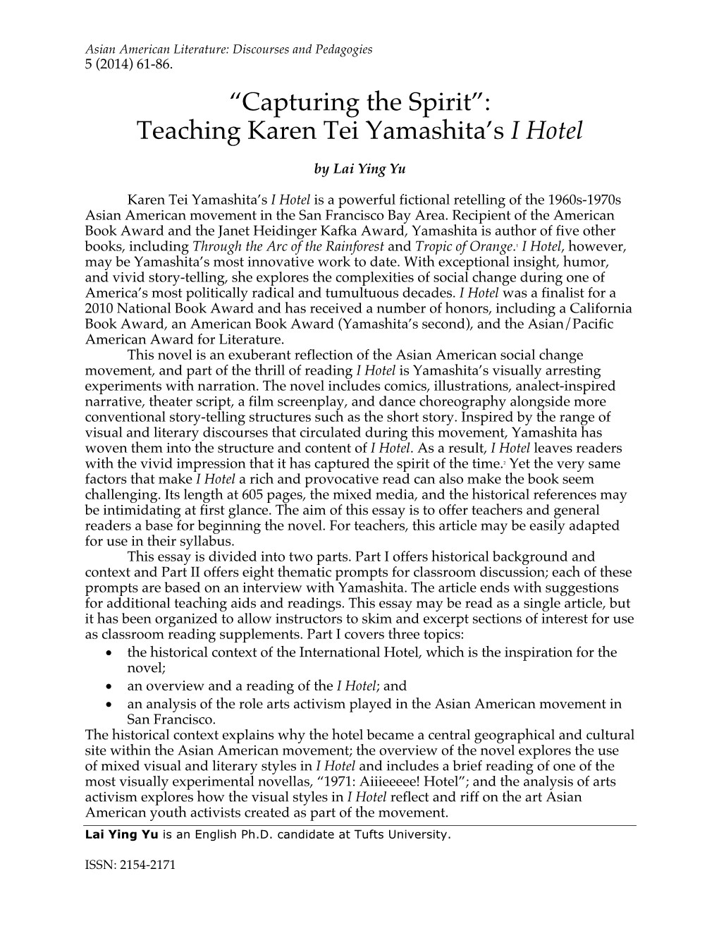 Teaching Karen Tei Yamashitaâ•Žs &lt;I&gt;I Hotel&lt;/I&gt;