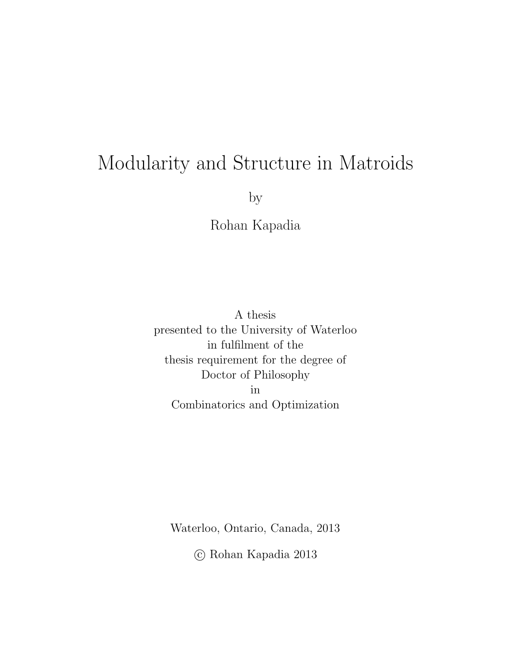 Modularity and Structure in Matroids