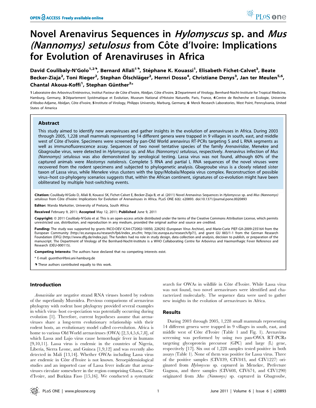 Novel Arenavirus Sequences in Hylomyscus Sp. and Mus (Nannomys) Setulosus from Coˆte D’Ivoire: Implications for Evolution of Arenaviruses in Africa