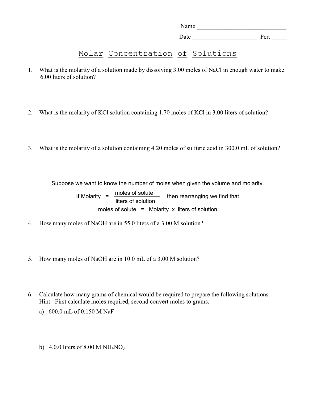 Molar Concentration of Solutions