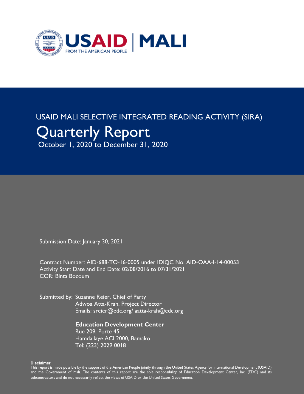 Quarterly Report October 1, 2020 to December 31, 2020