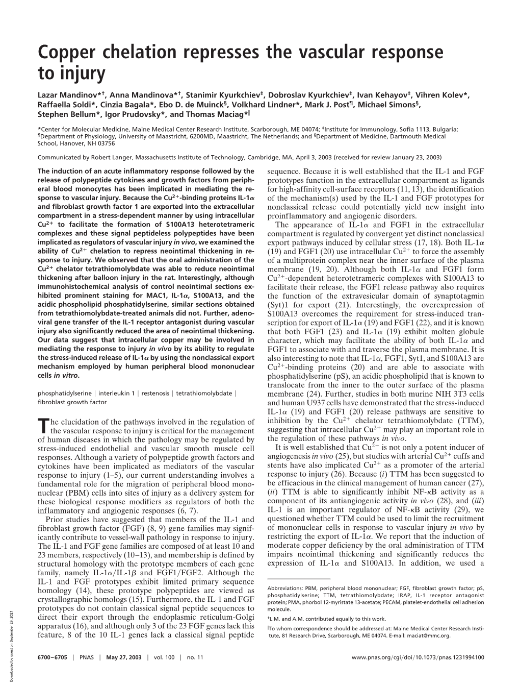 Copper Chelation Represses the Vascular Response to Injury