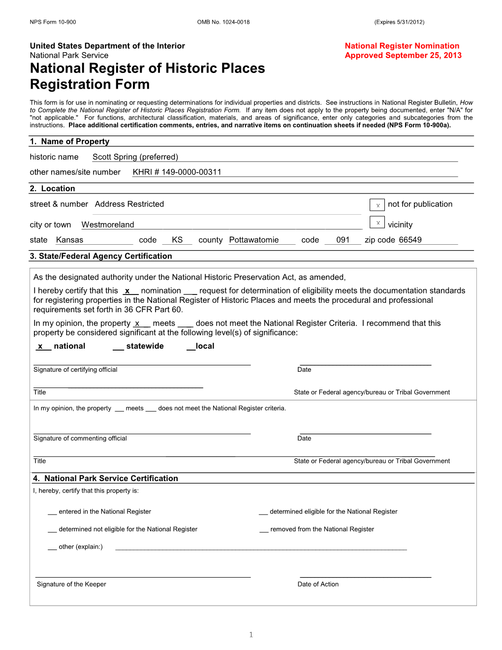 National Register Nomination National Park Service Approved September 25, 2013 National Register of Historic Places Registration Form