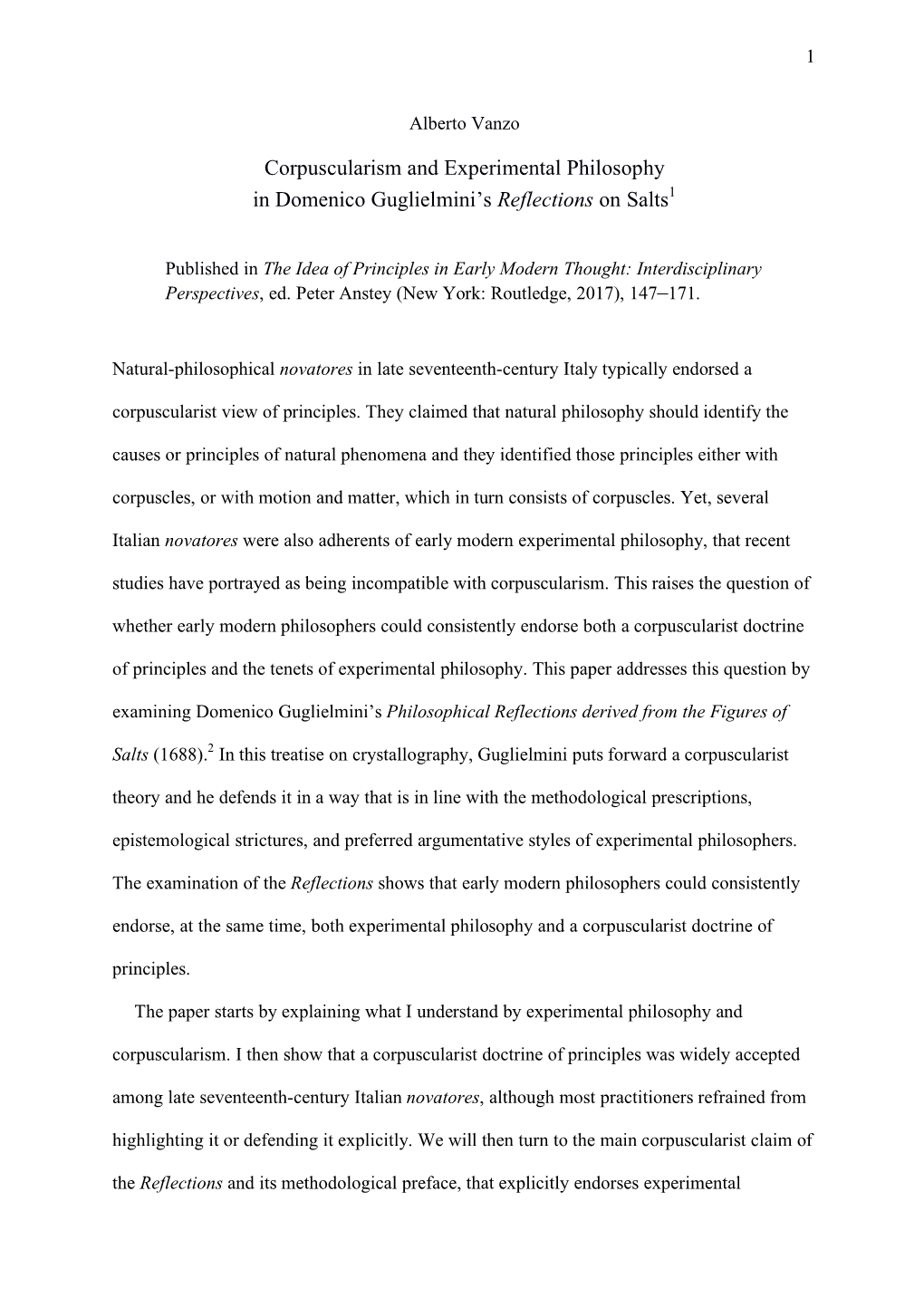 Corpuscularism and Experimental Philosophy in Domenico Guglielmini‘S Reflections on Salts1