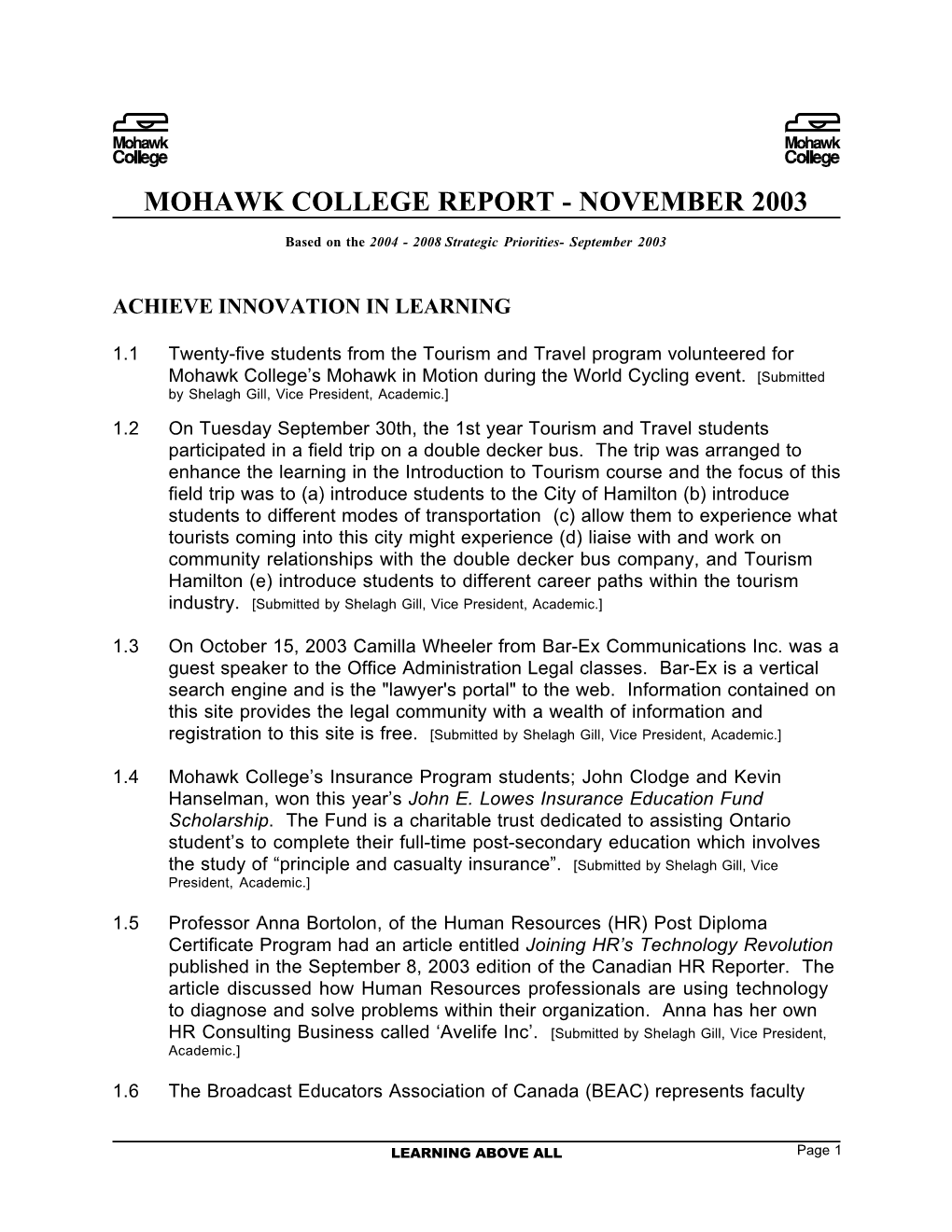 Mohawk College Report - November 2003