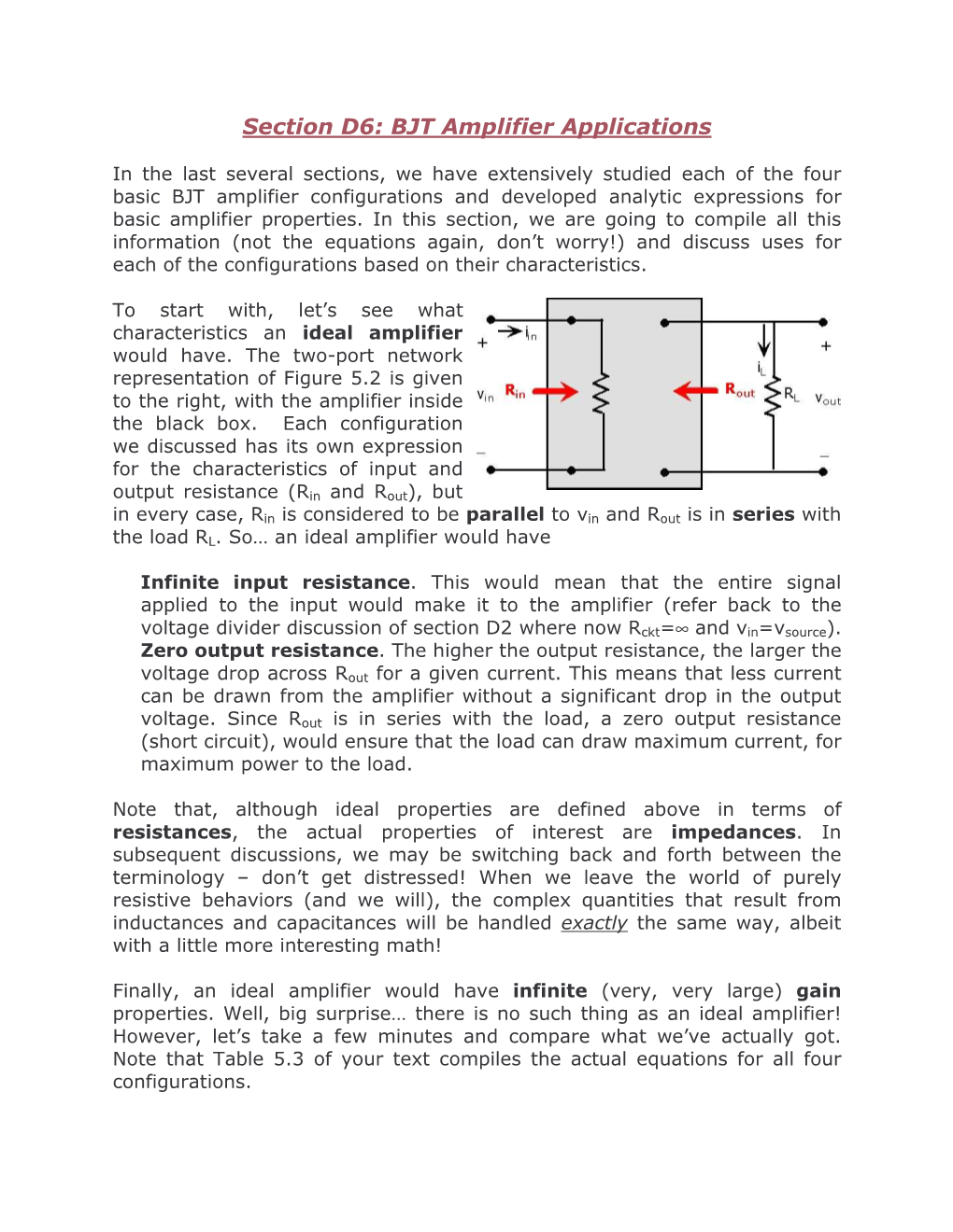 Section D6: BJT Amplifier Applications