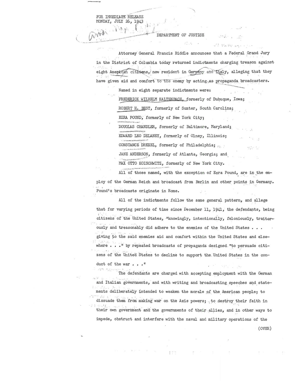 FOR IMMEDIATE RELEASE MONDAY, JULY 26, 1943 , F