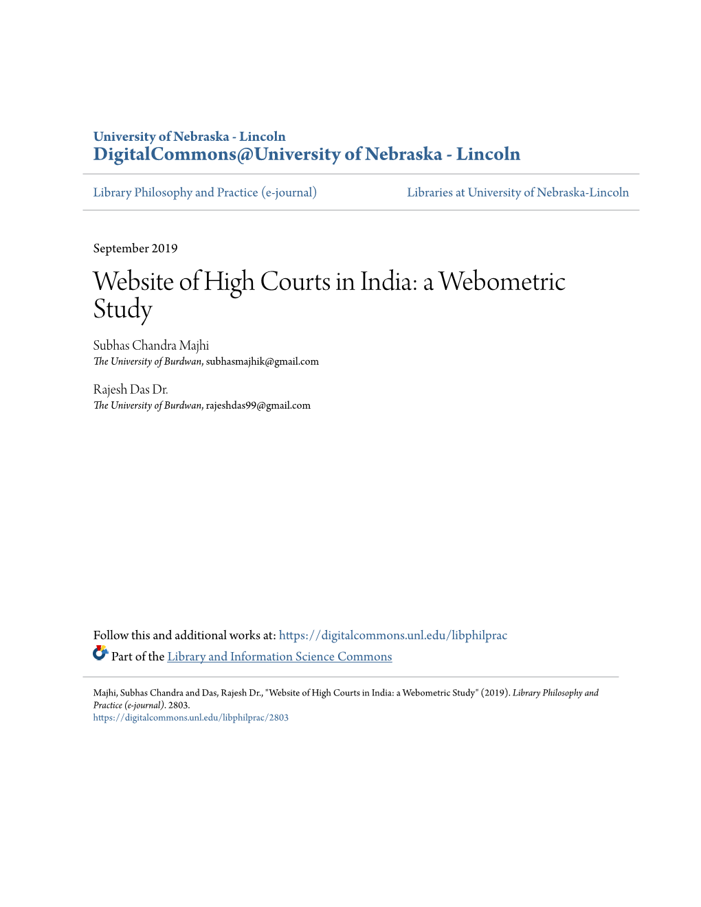 Website of High Courts in India: a Webometric Study Subhas Chandra Majhi the University of Burdwan, Subhasmajhik@Gmail.Com