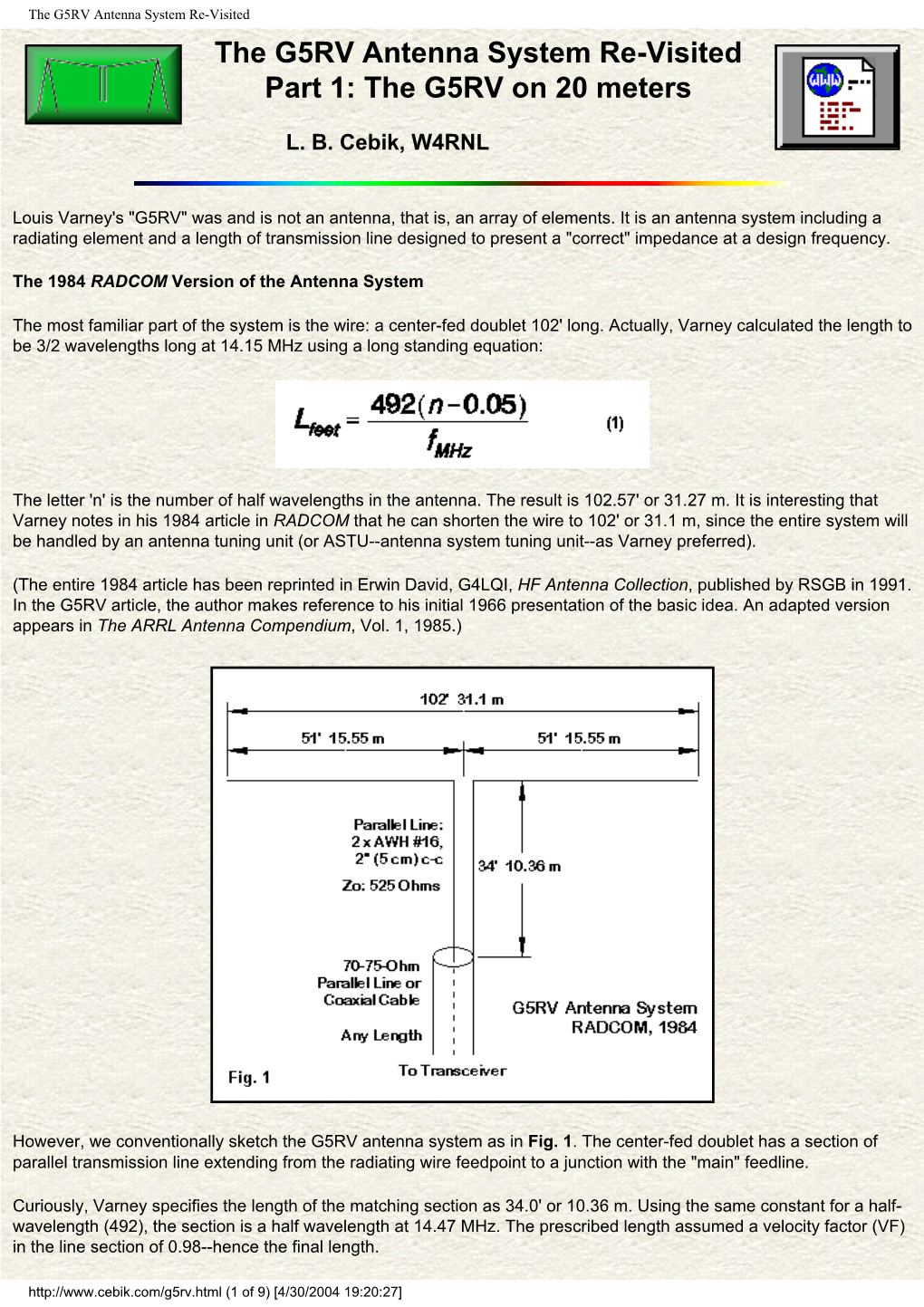 The G5RV Antenna System Re-Visited the G5RV Antenna System Re-Visited Part 1: the G5RV on 20 Meters