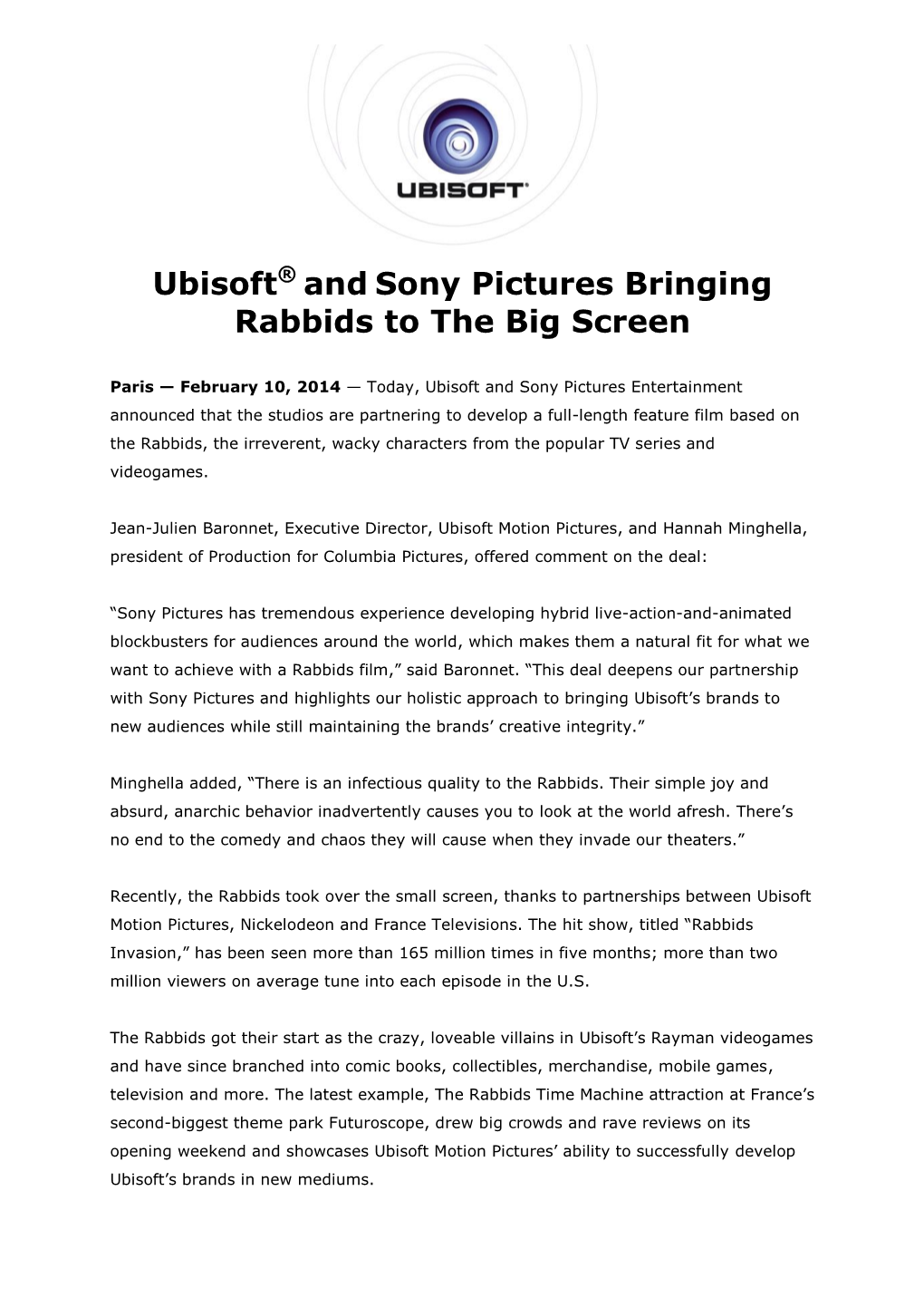 Ubisoft® and Sony Pictures Bringing Rabbids to the Big Screen