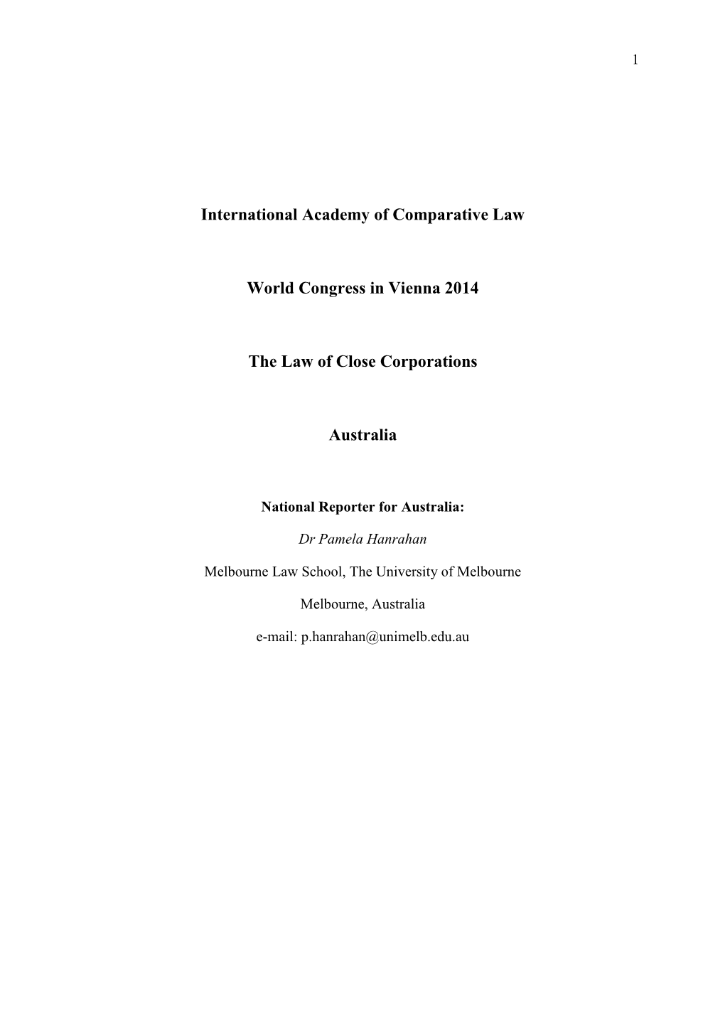 The Law of Close Corporations: Australia by Dr Pamela Hanrahan