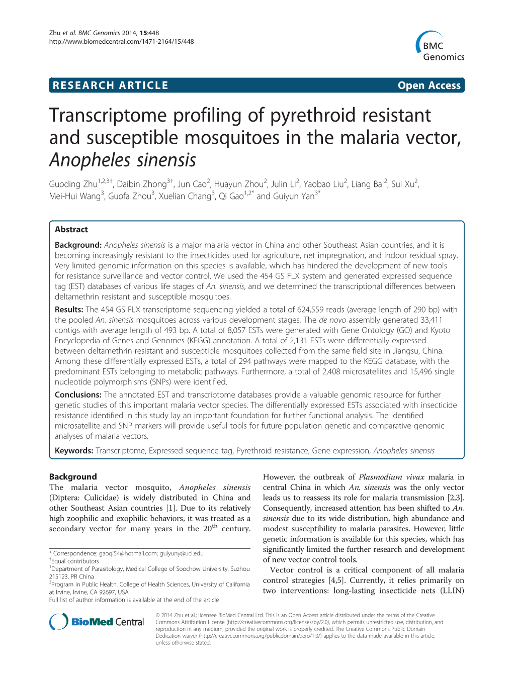 Transcriptome Profiling of Pyrethroid Resistant and Susceptible