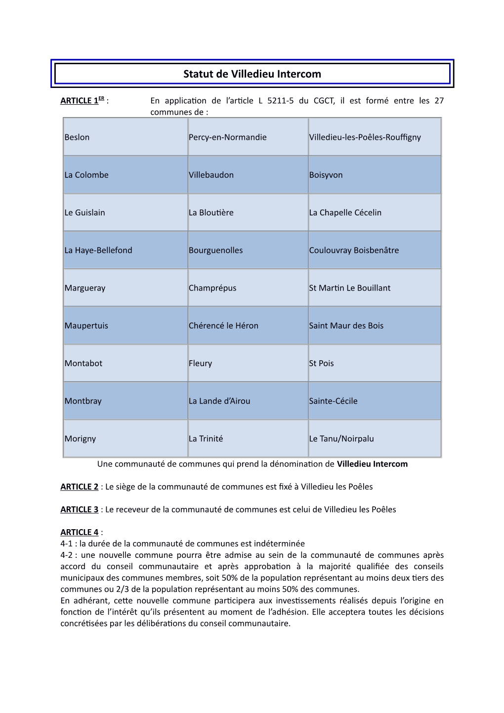 Statut De Villedieu Intercom