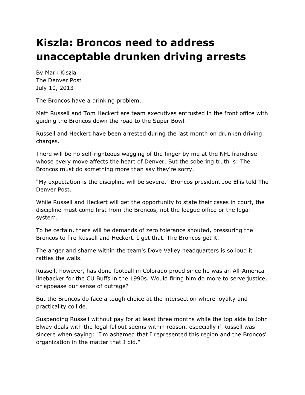 Kiszla: Broncos Need to Address Unacceptable Drunken Driving Arrests