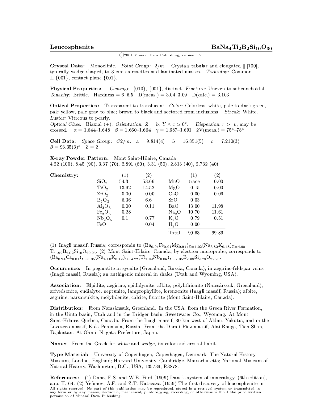 Leucosphenite Bana4ti2b2si10o30 C 2001 Mineral Data Publishing, Version 1.2 ° Crystal Data: Monoclinic