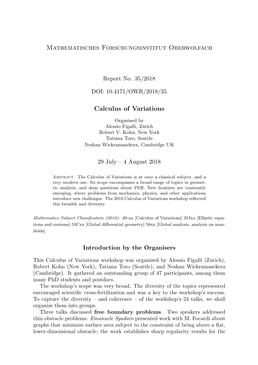 Mathematisches Forschungsinstitut Oberwolfach Calculus of Variations