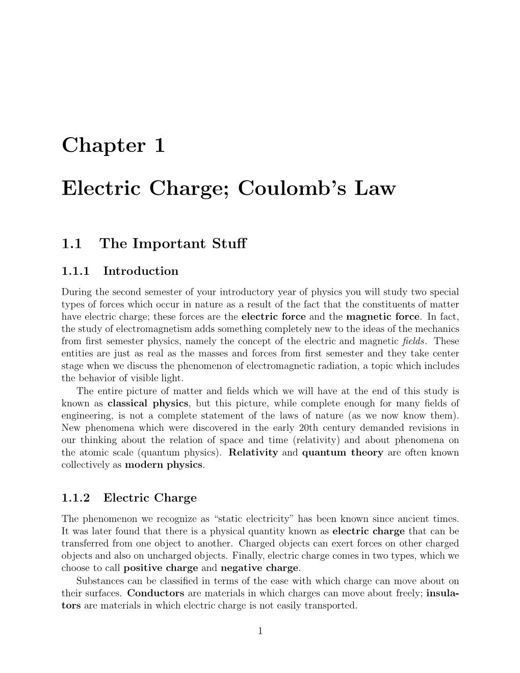 Chapter 1 Electric Charge; Coulomb's