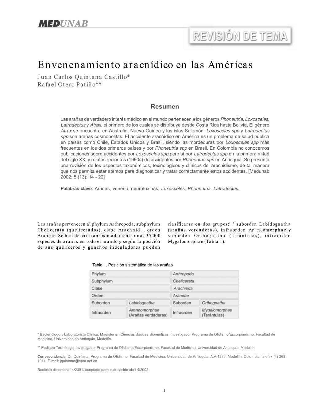 Envenenamiento Aracnídico En Las Américas Quintana / Otero