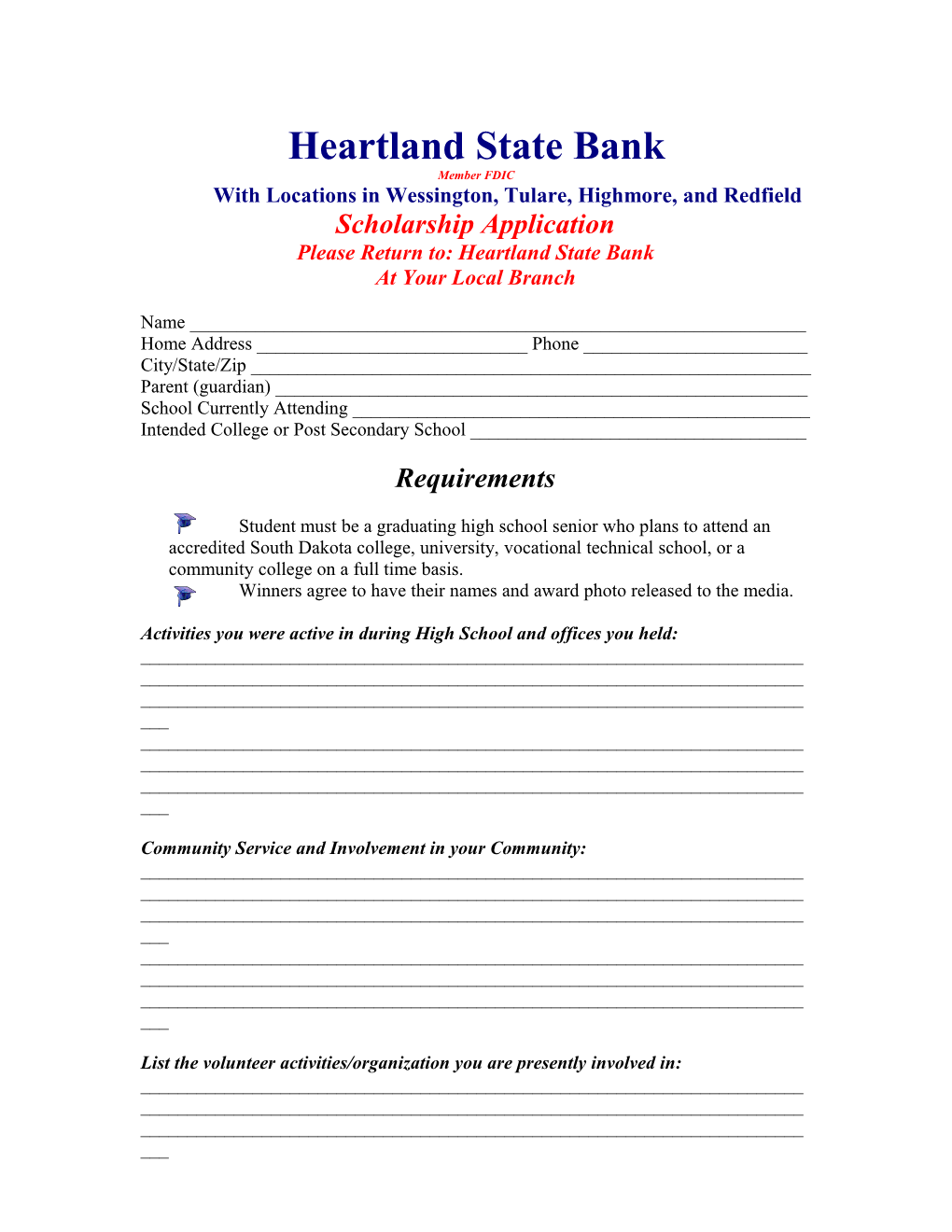 Heartland State Bank Scholarship Aplication