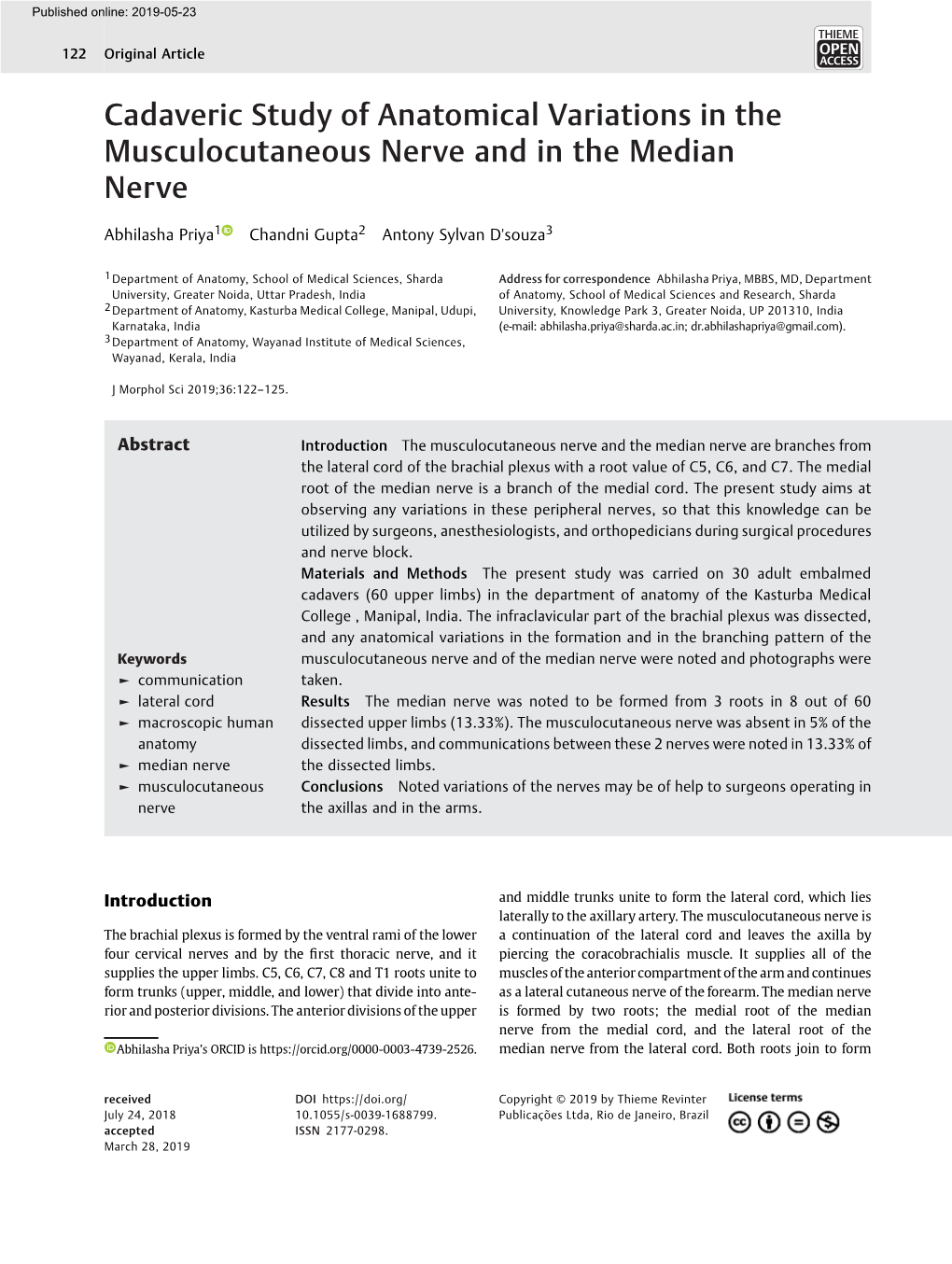 Cadaveric Study of Anatomical Variations in the Musculocutaneous Nerve and in the Median Nerve