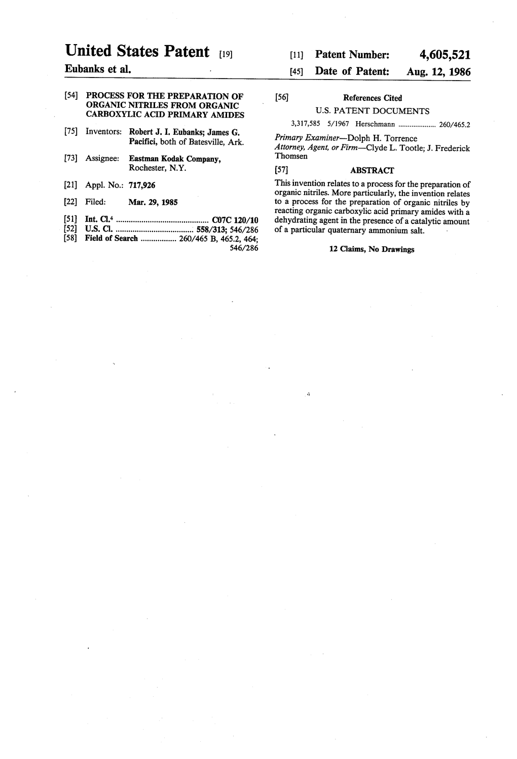 United States Patent (19) 11) Patent Number: 4,605,521 Eubanks Et Al