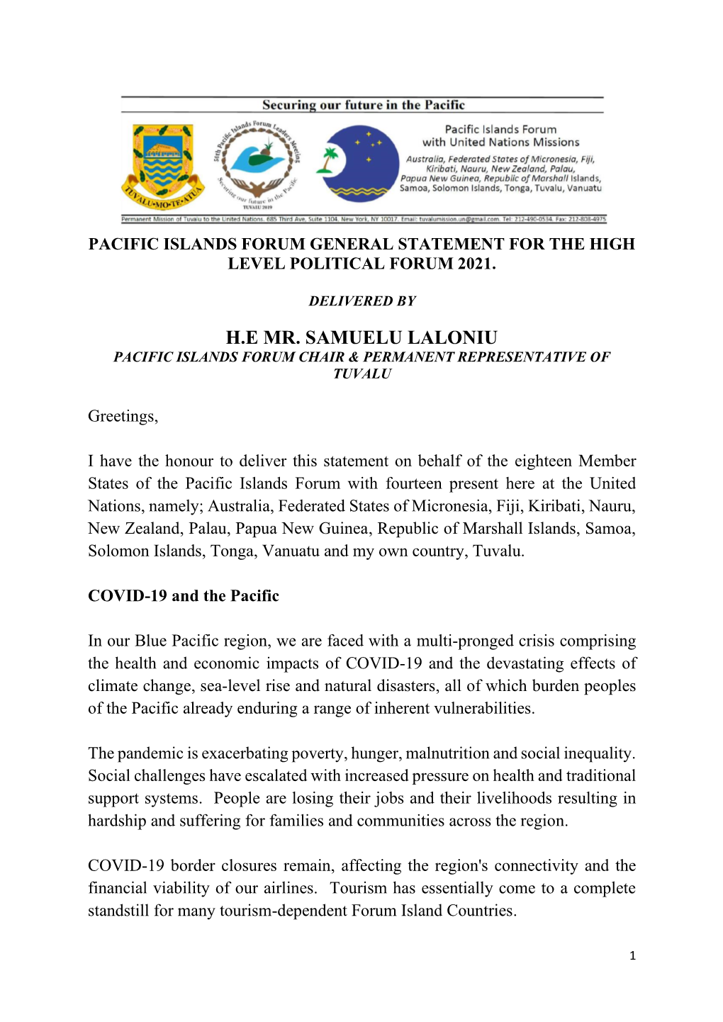 Pacific Islands Forum General Statement for the High Level Political Forum 2021