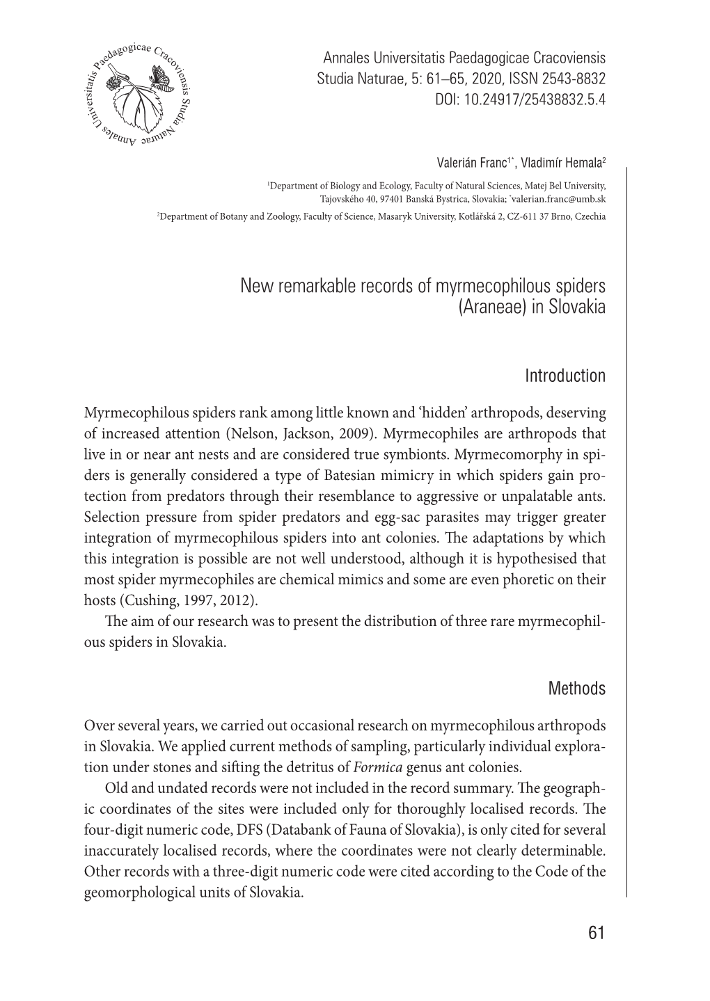 New Remarkable Records of Myrmecophilous Spiders (Araneae) in Slovakia