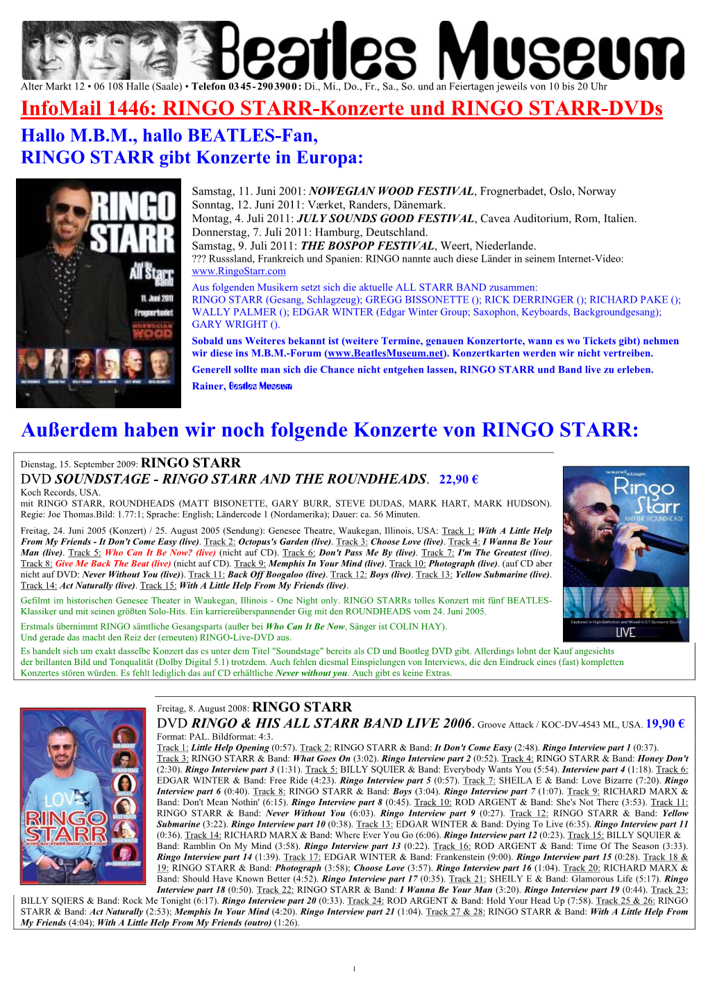 Infomail 1446: RINGO STARR-Konzerte Und RINGO STARR-Dvds