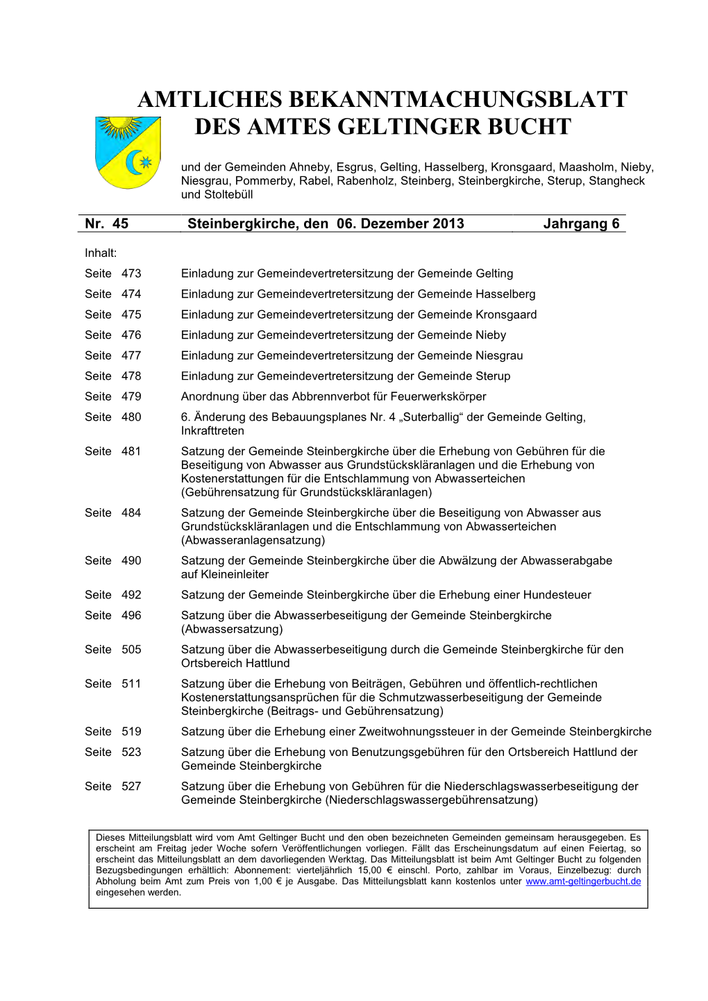 Amtliches Bekanntmachungsblatt Des Amtes Geltinger Bucht Nr. 45/2013 Vom 06.12.2013
