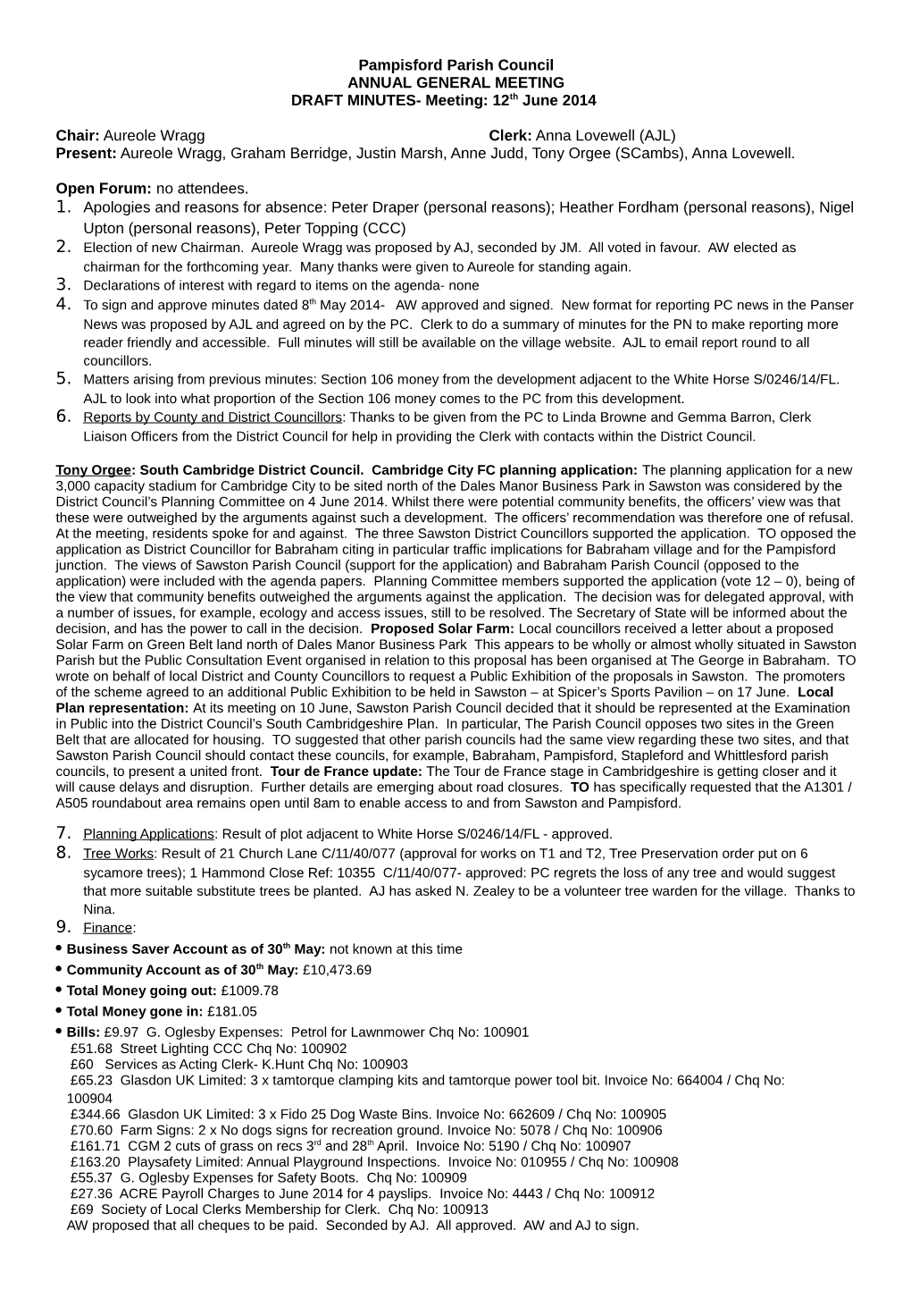 Meeting: 12Th June 2014 Chair: Aureole Wragg Clerk: Anna