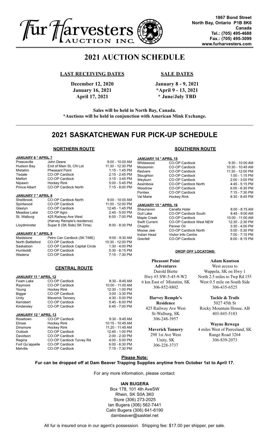Saskatchewan Fur Pick-Up Schedule