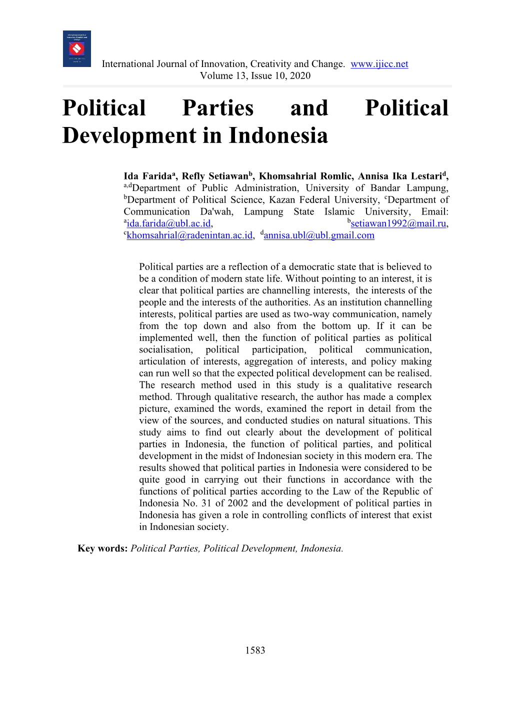 Political Parties and Political Development in Indonesia