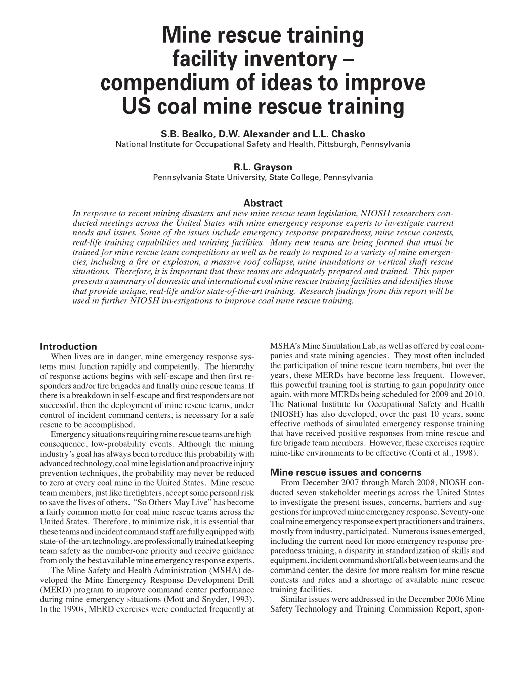 Compendium of Ideas to Improve US Coal Mine Rescue Training