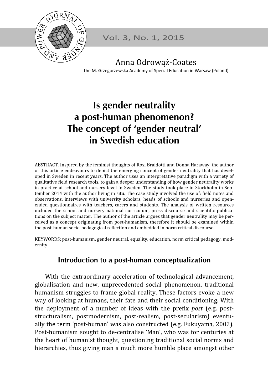 Gender Neutrality a Post-Human Phenomenon? the Concept of ‘Gender Neutral’ in Swedish Education