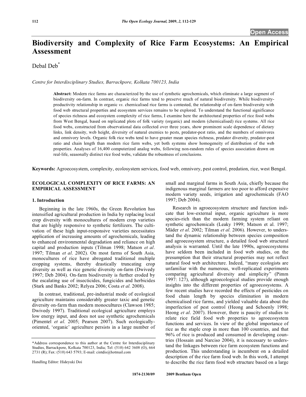 Biodiversity and Complexity of Rice Farm Ecosystems: an Empirical Assessment