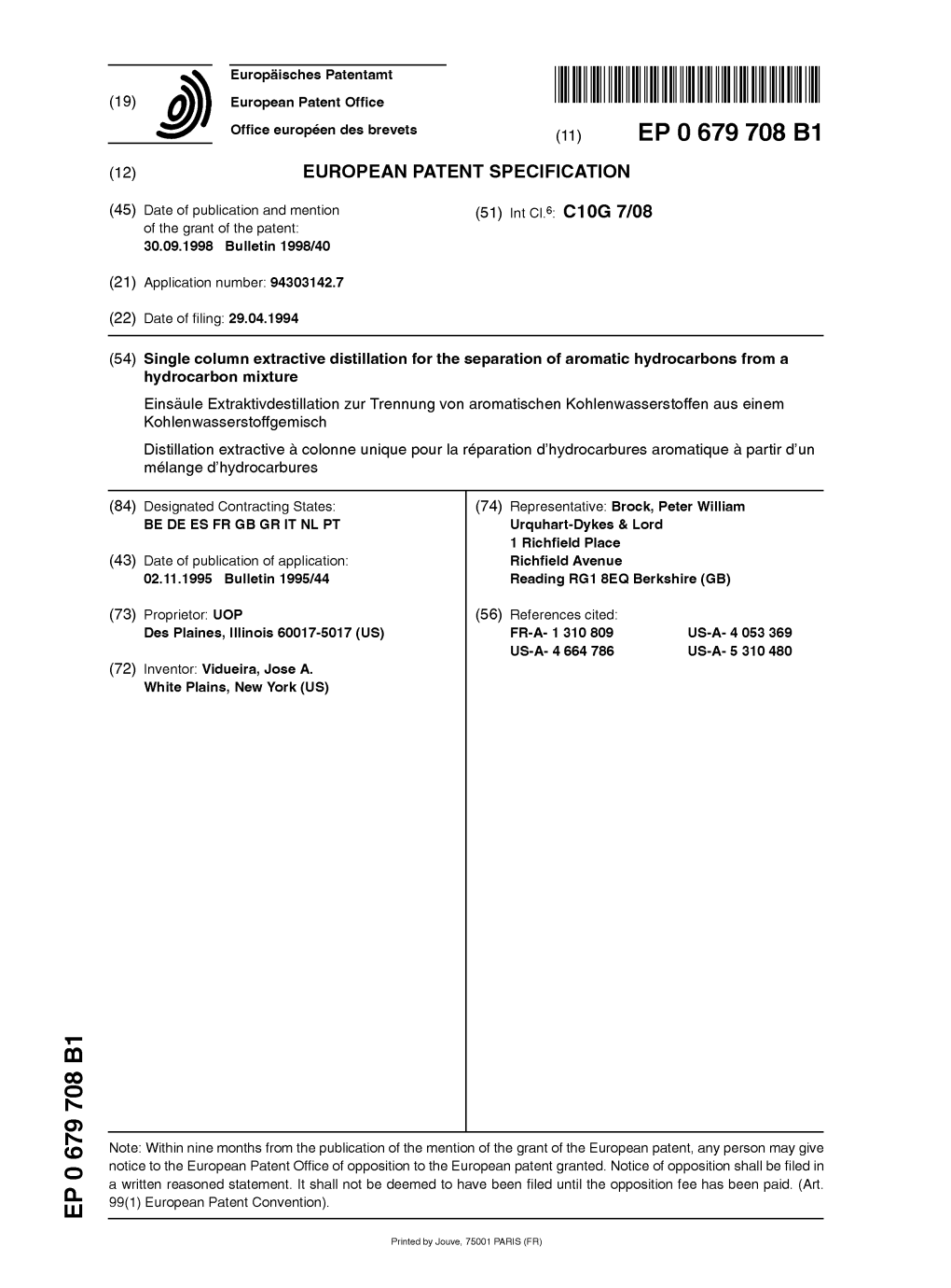 Single Column Extractive Distillation for the Separation of Aromatic