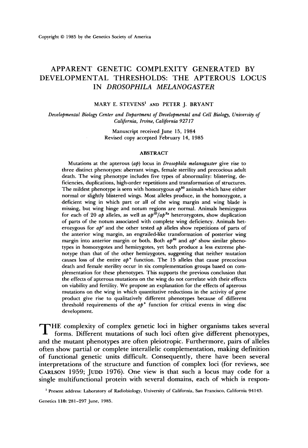 The Apterous Locus in Drosophila Melanogaster