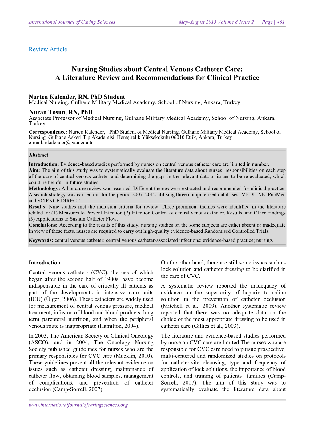 Nursing Studies About Central Venous Catheter Care: a Literature Review and Recommendations for Clinical Practice