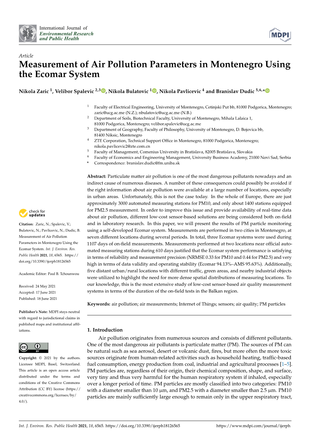 Measurement of Air Pollution Parameters in Montenegro Using the Ecomar System