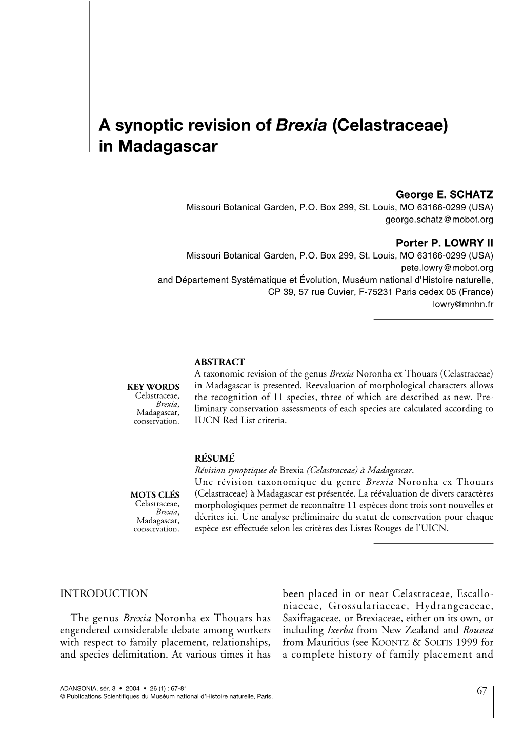 A Synoptic Revision of Brexia (Celastraceae) in Madagascar