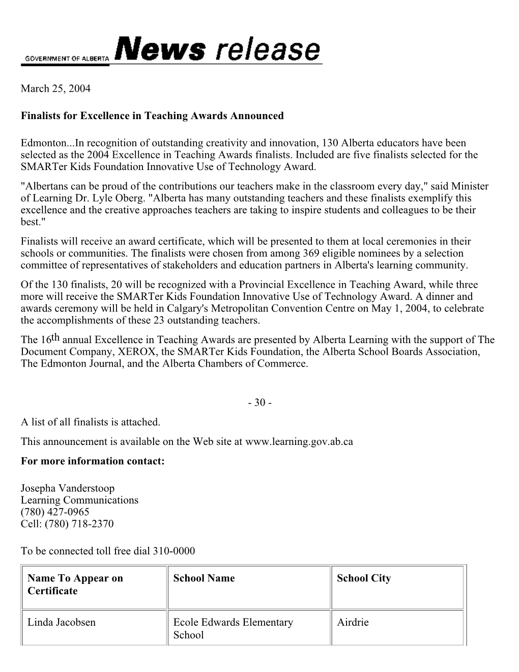 March 25, 2004 Finalists for Excellence in Teaching Awards