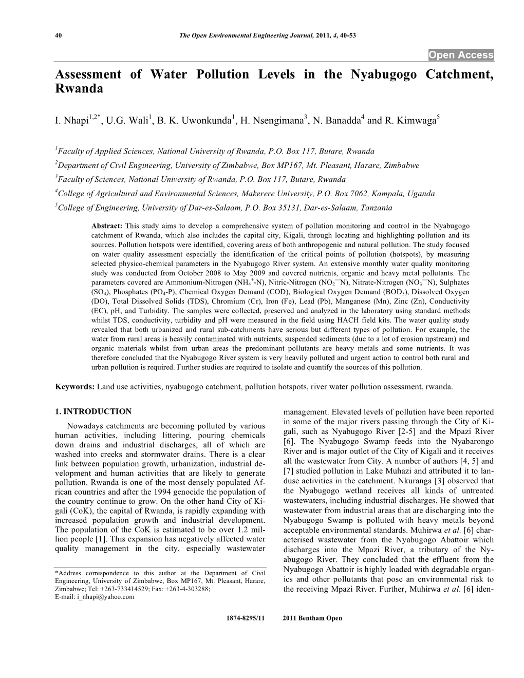 Assessment of Water Pollution Levels in the Nyabugogo Catchment, Rwanda